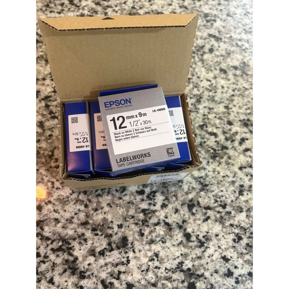 Epson Label Works LK-4WBN 12mm 1/2" Tape Cartridge Black on White 5 Pack